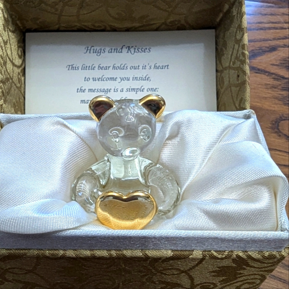 Gold and Clear Glass Bear Figurine . Miniature.  With A Satin Lined Gift…